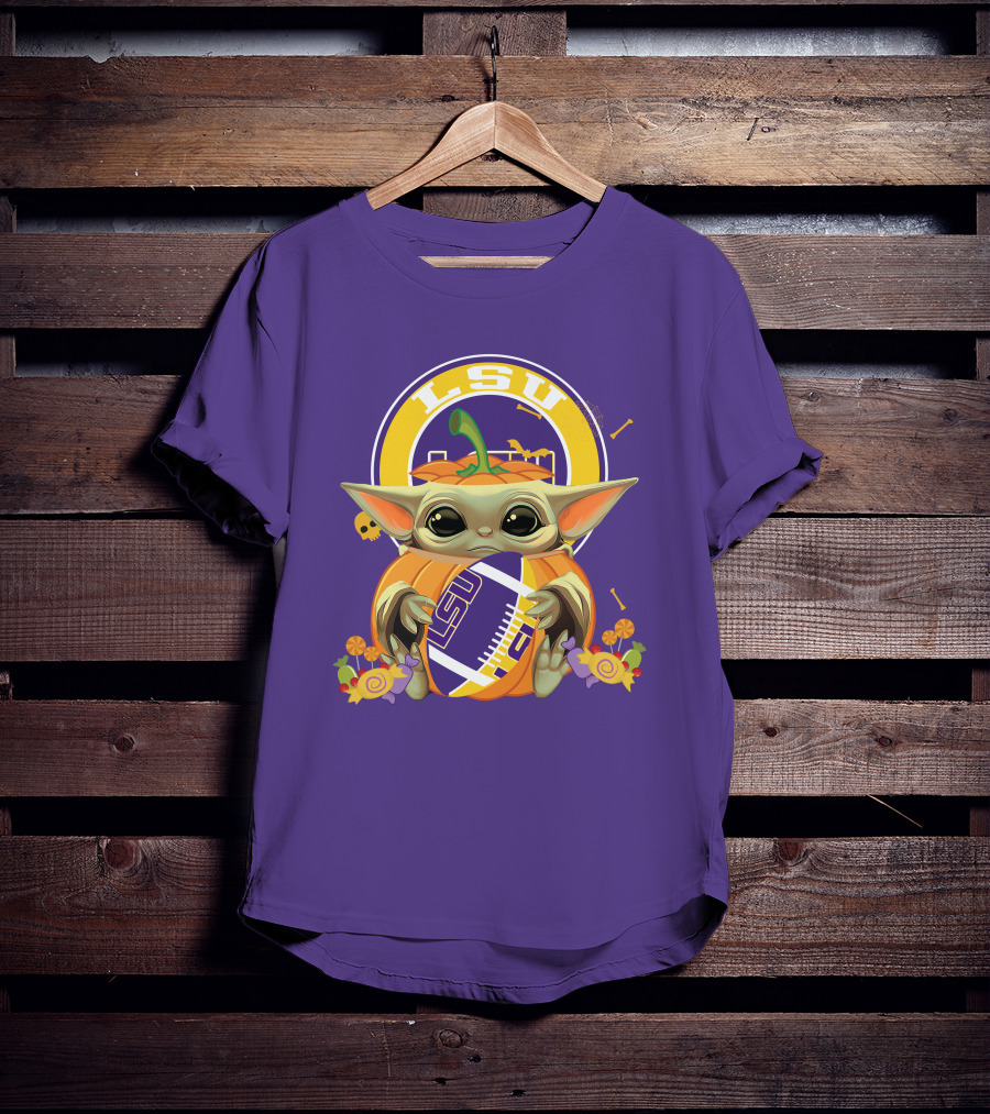 LSU Tigers Halloween Pumpkin Baby Yoda Hug Football T-Shirt