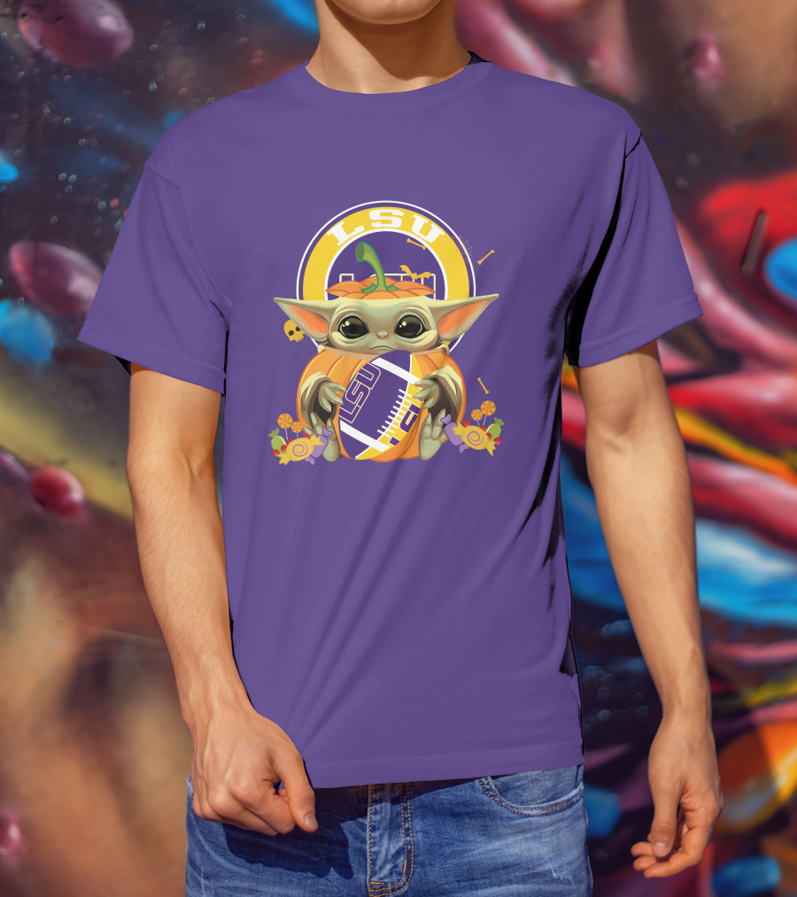 LSU Tigers Halloween Pumpkin Baby Yoda Hug Football T-Shirt