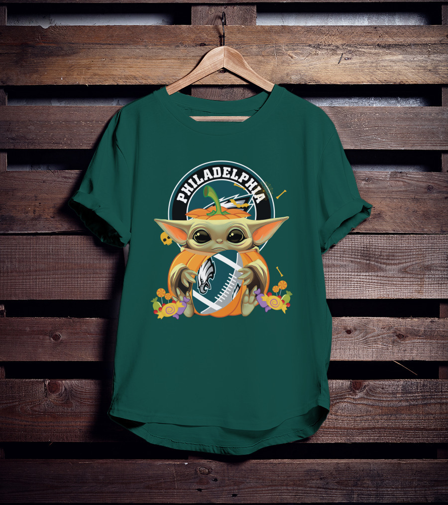 Halloween Pumpkin Baby Yoda Holding Philadelphia Eagles Football T-Shirt