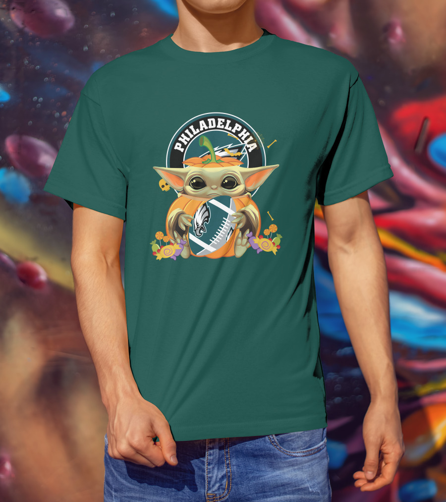 Halloween Pumpkin Baby Yoda Holding Philadelphia Eagles Football T-Shirt