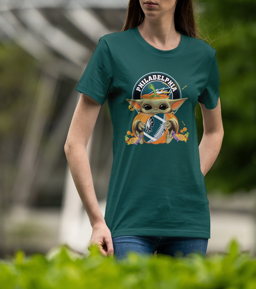 Halloween Pumpkin Baby Yoda Holding Philadelphia Eagles Football T-Shirt