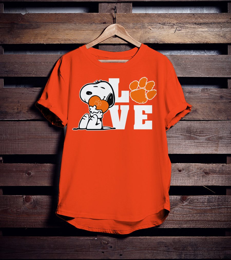 Snoopy Heart Love Clemson Tigers Paw Print T-Shirt