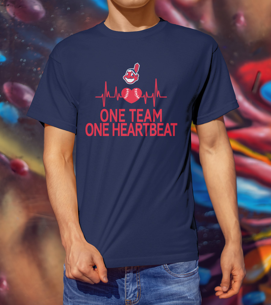 Cleveland Indians One Team One Heartbeat Baseball Heartbeat Line Chief Wahoo T-Shirt