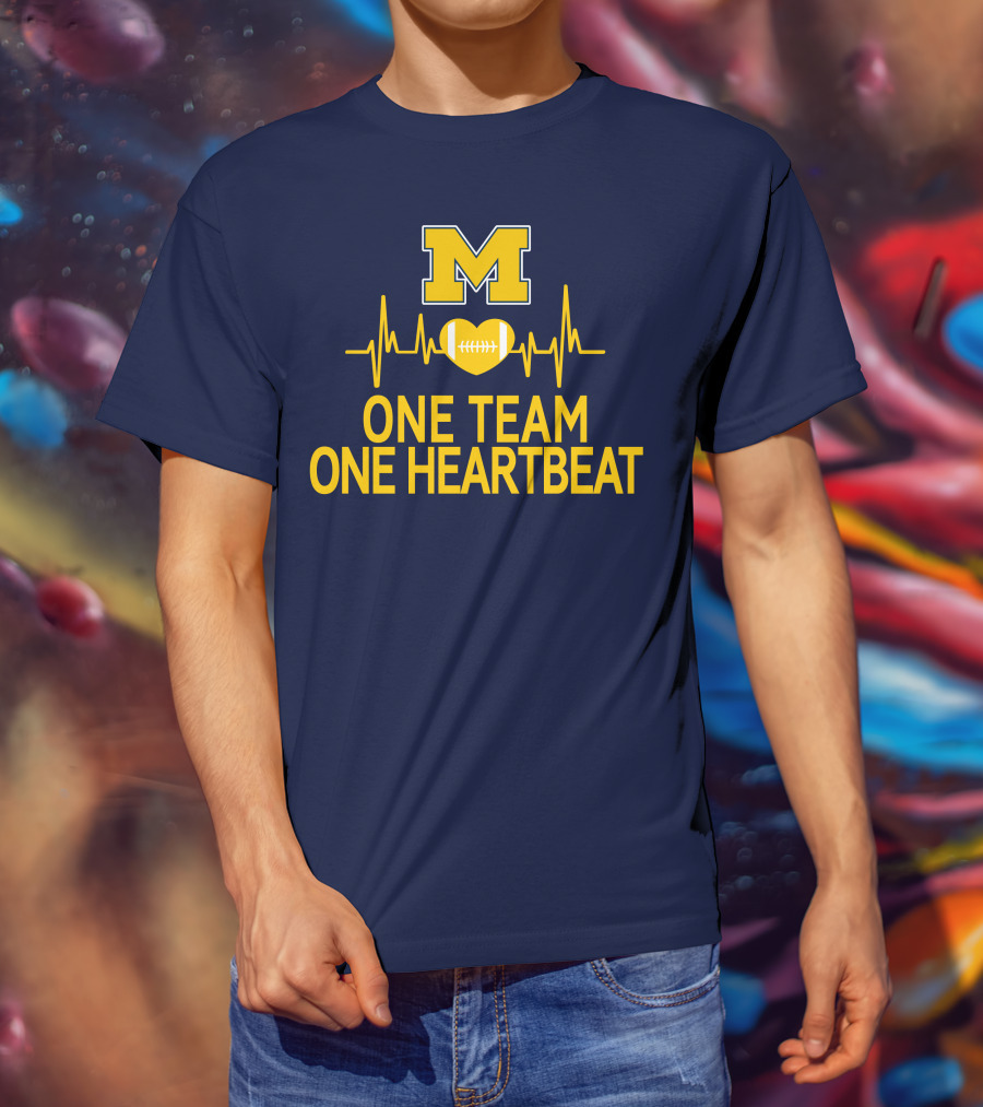 M Michigan Wolverines Football One Team One Heartbeat T-Shirt
