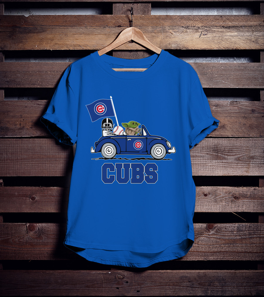 Chicago Cubs Darth Vader Baby Yoda Driving Star Wars Crossover T-Shirt