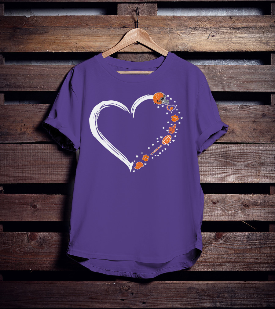Clemson Tigers Heart Helmet Paws Football Fan Love T-Shirt