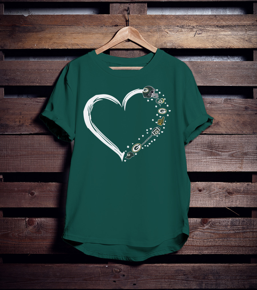 Green Bay Packers Heart With Logos And Helmet T-Shirt