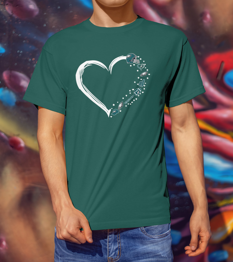 Philadelphia Eagles Heart Design With Logo And Helmet Elements T-Shirt