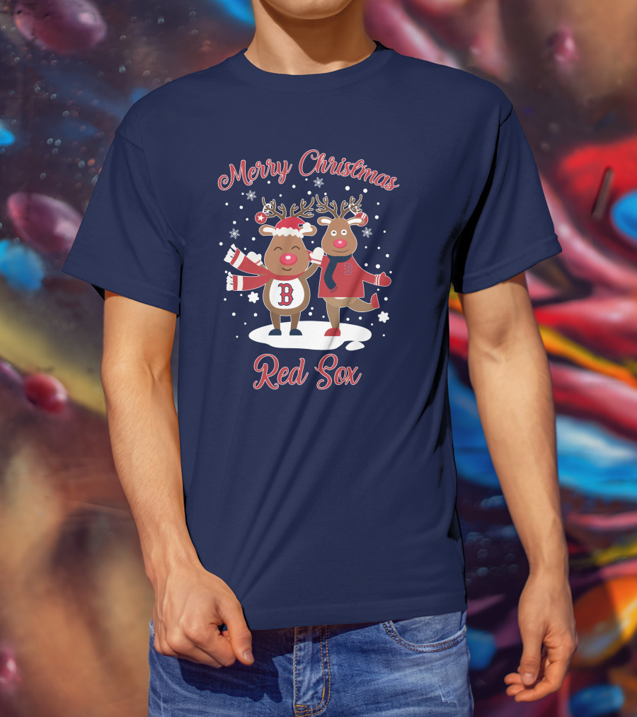 Merry Christmas Red Sox Reindeer With Snowflakes And Baseball Gear T-Shirt