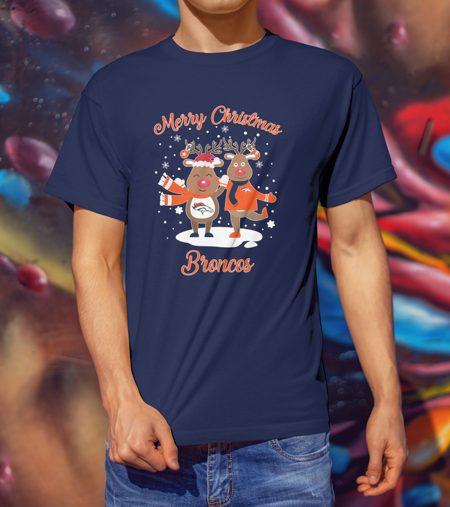 Merry Christmas Broncos Reindeer Snowflakes T-Shirt