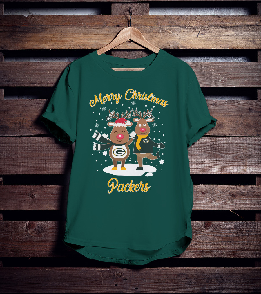 Merry Christmas Packers Reindeer With Green Bay Logo Winter Scene T-Shirt