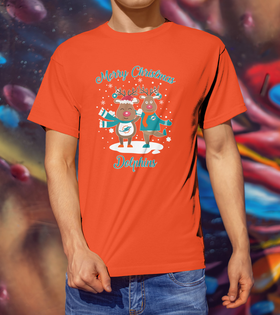 Merry Christmas Dolphins Reindeer Snowflakes T-Shirt