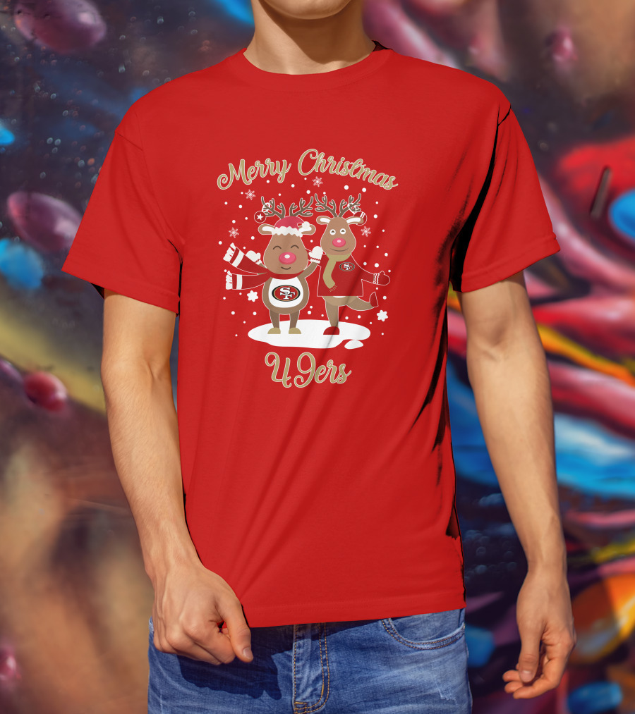 Merry Christmas 49ers Reindeer Festive Holiday T-Shirt