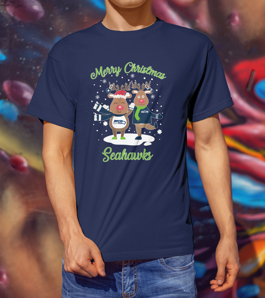 Merry Christmas Seattle Seahawks Reindeer Sweater Festive T-Shirt