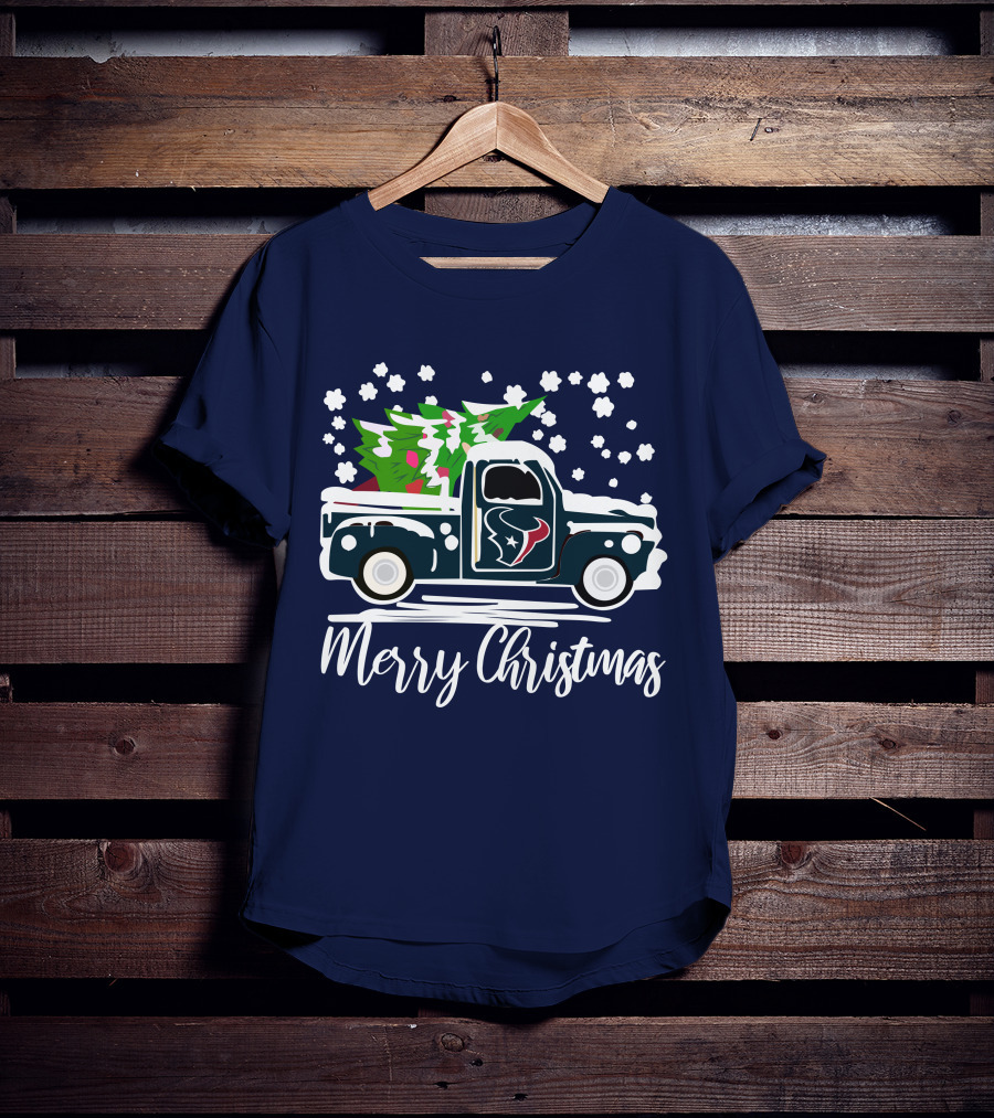 Houston Texans Merry Christmas Vintage Car With Christmas Tree T-Shirt