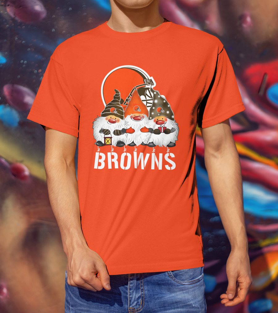Cleveland Browns Merry Christmas Happy Holidays With Gnome Trio And Football Helmets T-Shirt