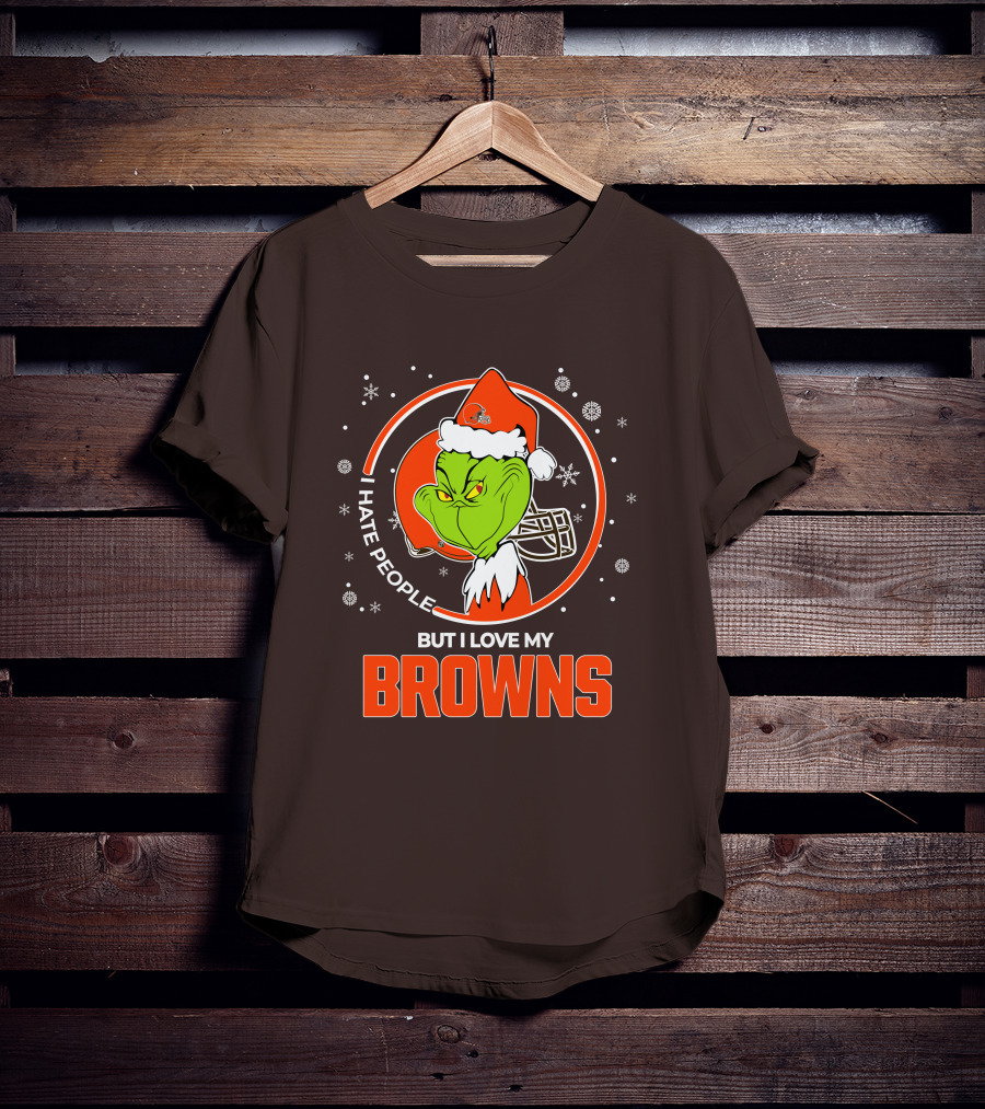 I Hate People But I Love My Cleveland Browns Grinch Santa Christmas T-Shirt