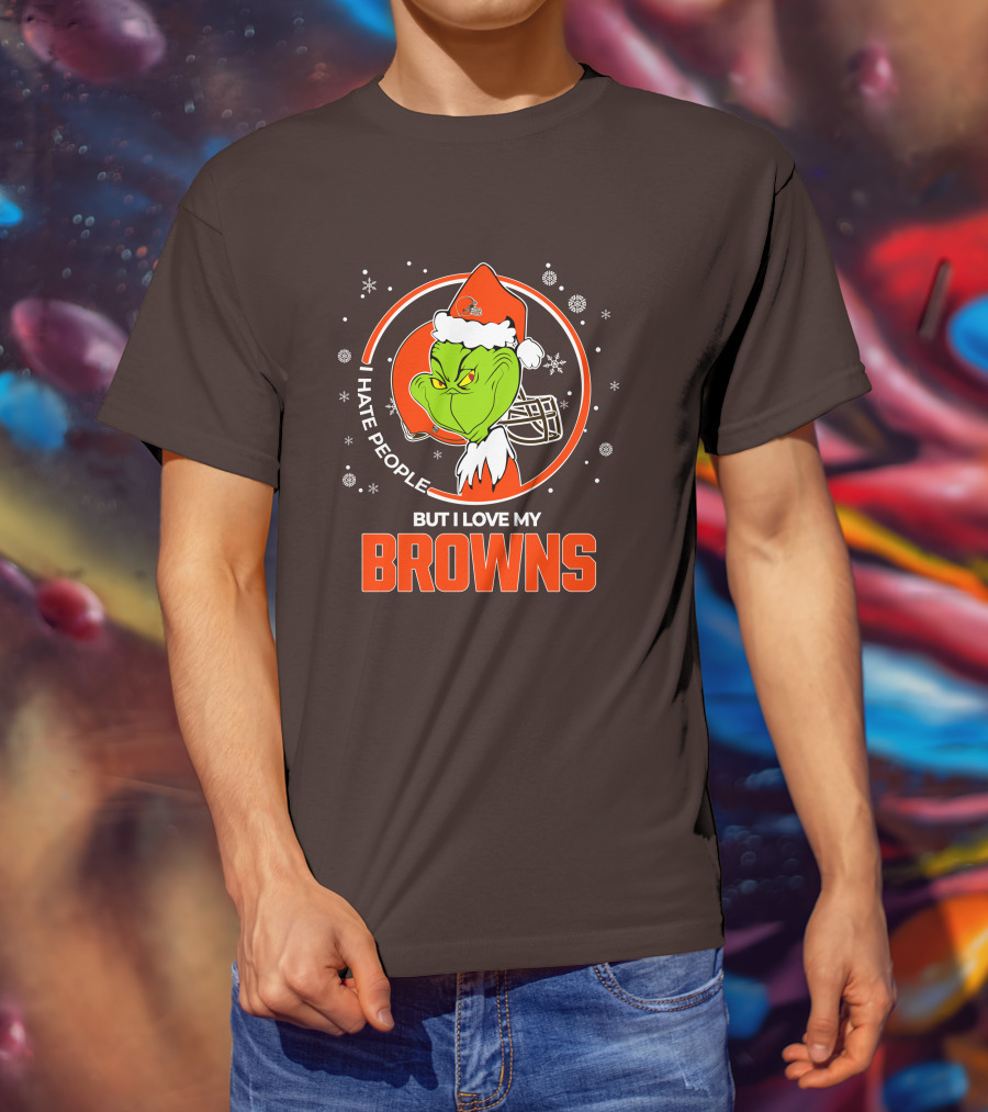I Hate People But I Love My Cleveland Browns Grinch Santa Christmas T-Shirt