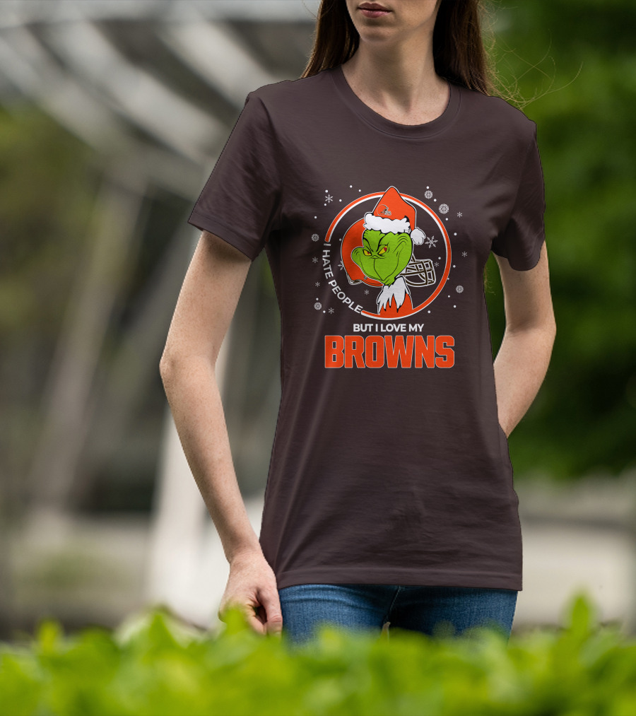 I Hate People But I Love My Cleveland Browns Grinch Santa Christmas T-Shirt