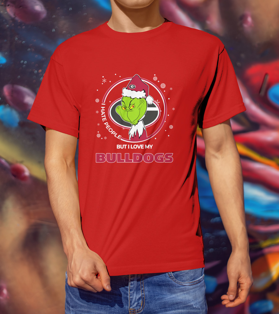 Christmas Grinch Santa I Hate People But I Love My Bulldogs Georgia T-Shirt