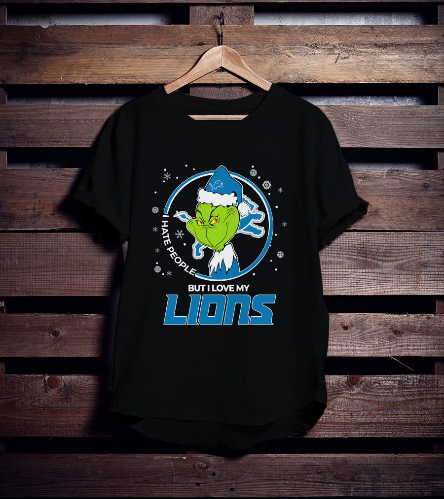 I Hate People But I Love My Detroit Lions Grinch Santa Christmas T-Shirt