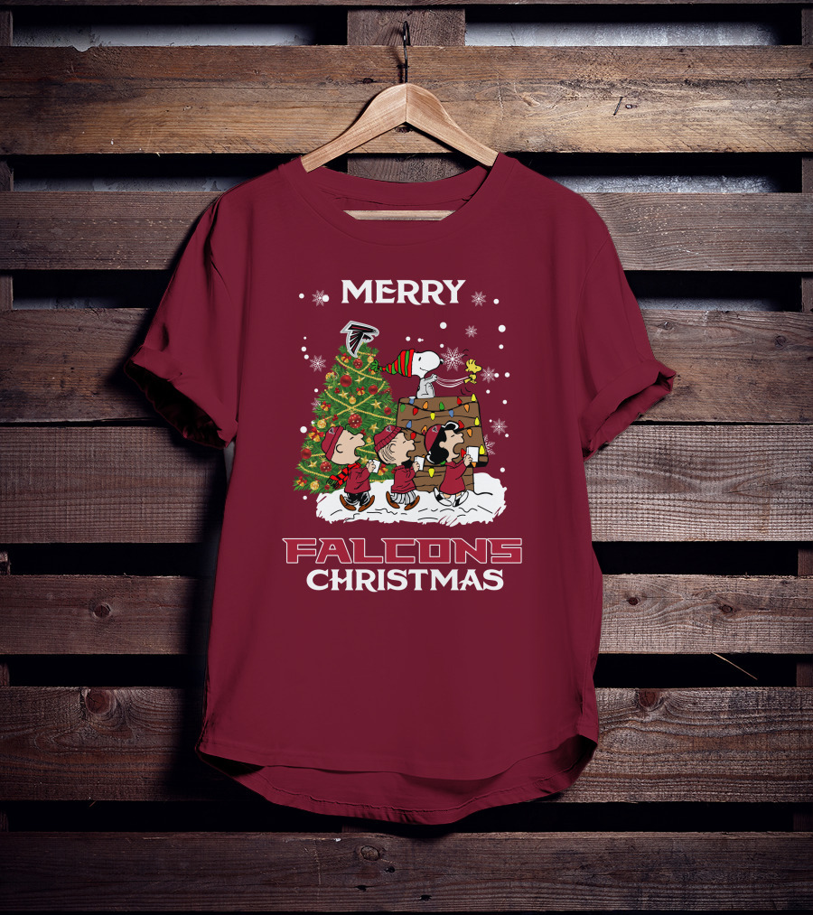 Merry Falcons Christmas Peanuts Tree Atlanta Snowflakes T-Shirt