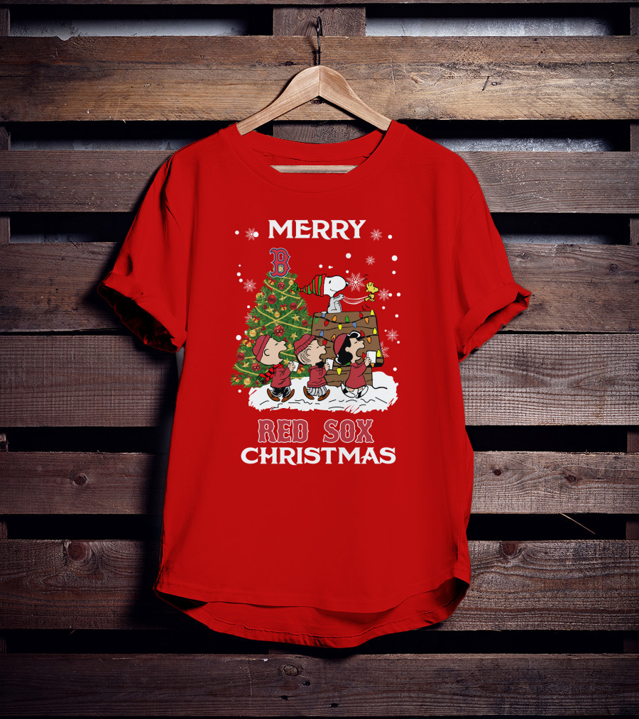Merry Red Sox Christmas Tree With Snoopy And Friends T-Shirt