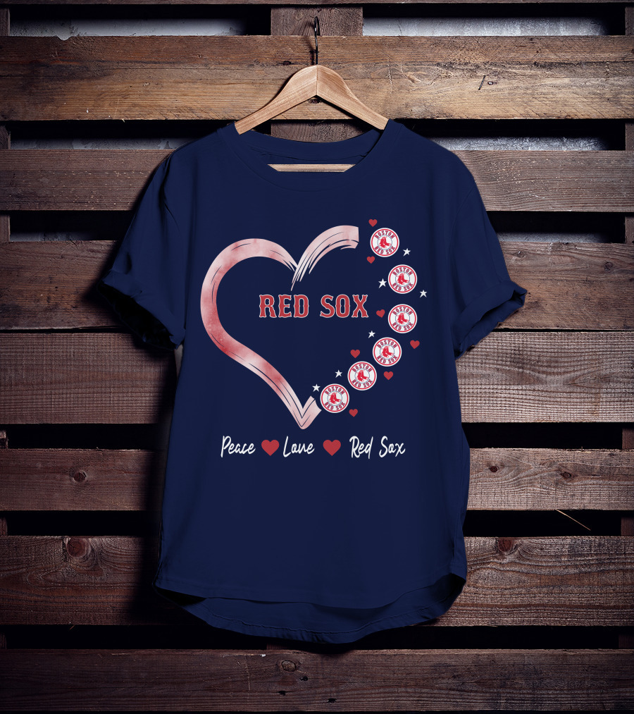 Peace Love Red Sox Heart With Boston Red Sox Logos And Stars T-Shirt
