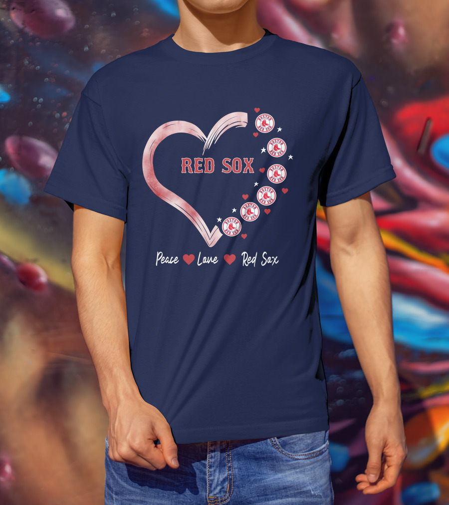 Peace Love Red Sox Heart With Boston Red Sox Logos And Stars T-Shirt