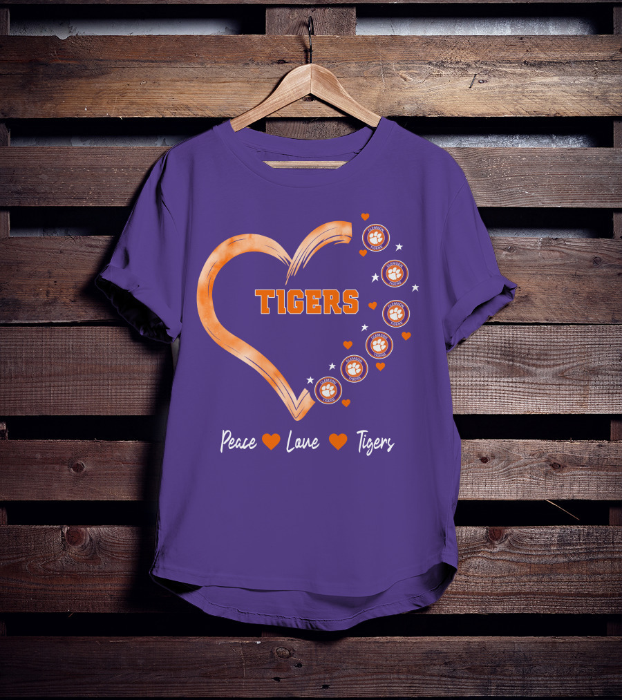 Peace Love Clemson Football Tigers Heart Paw Prints T-Shirt