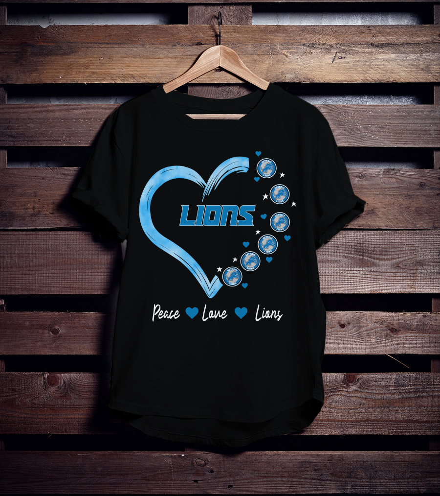 Peace Love Detroit Lions Retro Heart Fan Emblem T-Shirt