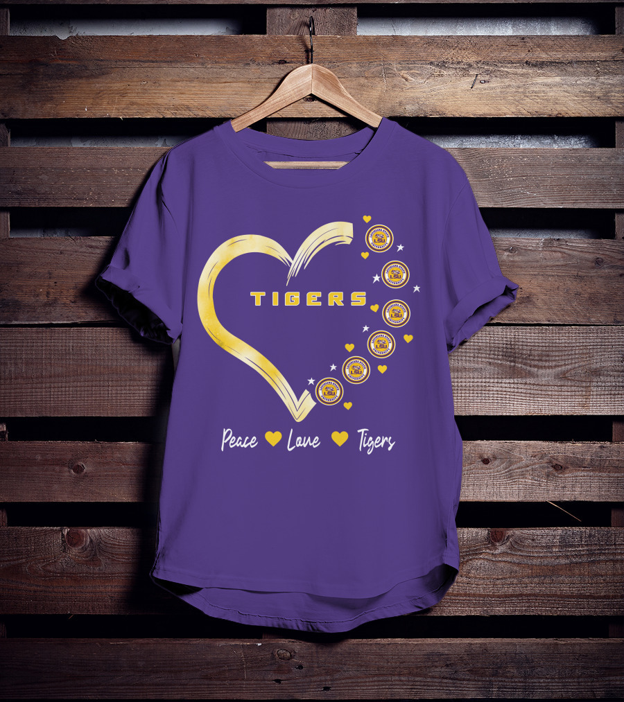 Peace Love LSU Tigers Heart Design With Logo Elements T-Shirt