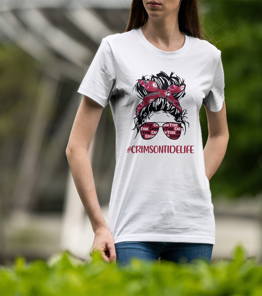 Crimson Tide Life Messy Bun Headband Glasses Alabama T-Shirt