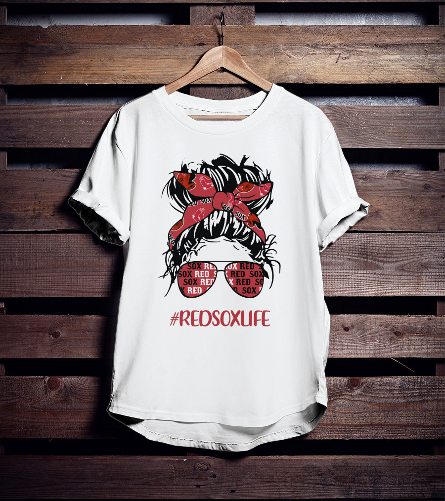 Boston Red Sox Messy Bun Girl With Headband Glasses #Redsoxlife T-Shirt