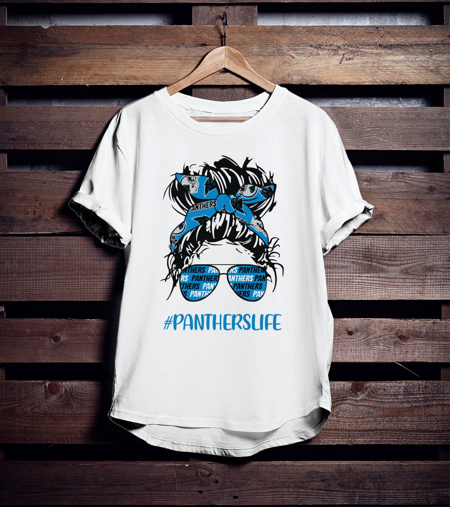 PanthersLife Messy Bun Girl With Panthers Headband And Glasses T-Shirt