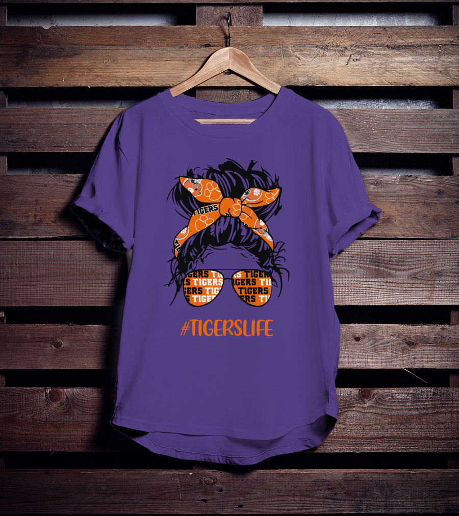 TigersLife Clemson Tigers Messy Bun Girl With Headband And Glasses T-Shirt