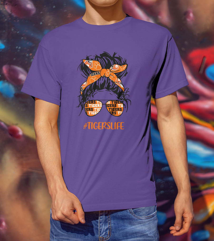 TigersLife Clemson Tigers Messy Bun Girl With Headband And Glasses T-Shirt