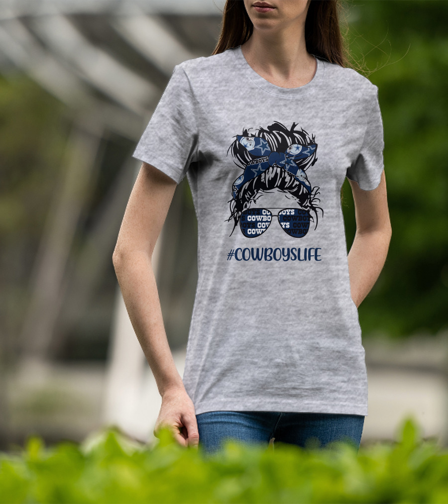 CowboysLife Messy Bun Girl Headband Glasses Dallas Cowboys T-Shirt