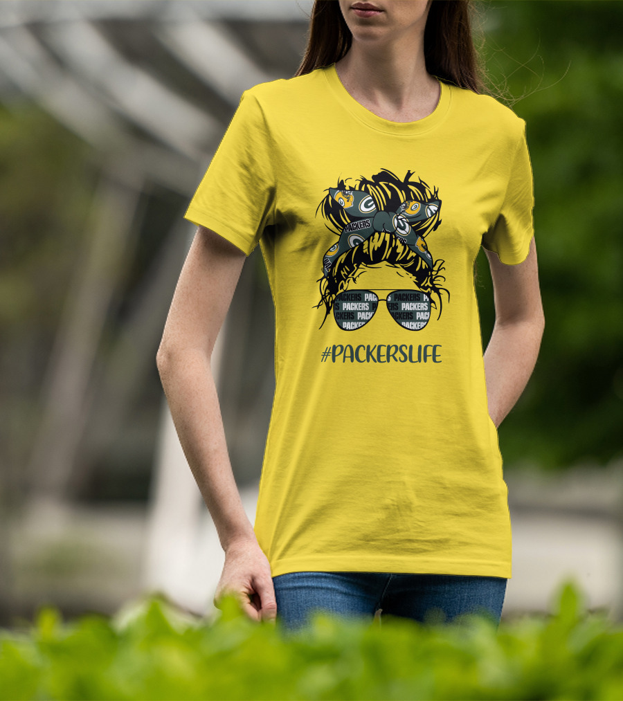 PACKERSLIFE Messy Bun Girl With Packers Headband And Glasses T-Shirt