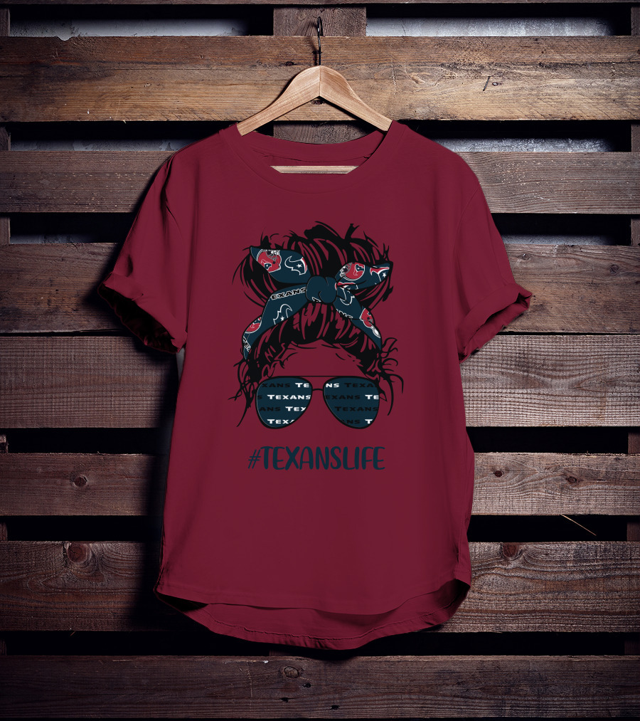 Houston Texans Hashtag Texanslife Messy Bun Headband Glasses T-Shirt