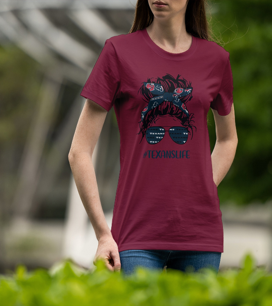Houston Texans Hashtag Texanslife Messy Bun Headband Glasses T-Shirt