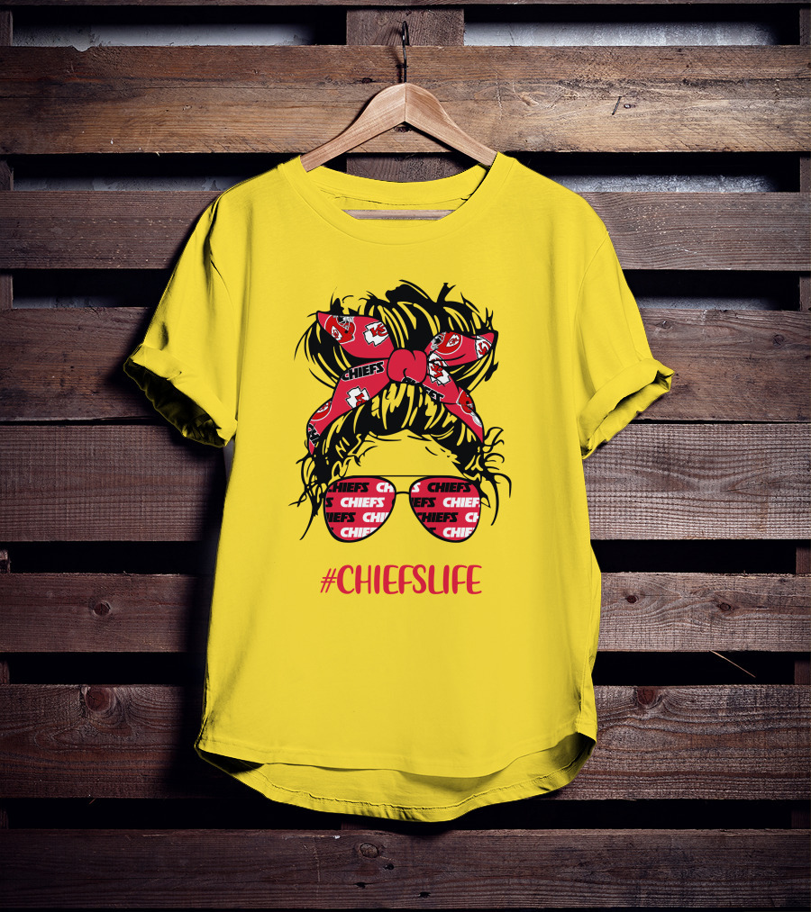 Kansas City Chiefs Life Messy Bun Girl With Chiefs Headband And CHIEFS Glasses T-Shirt