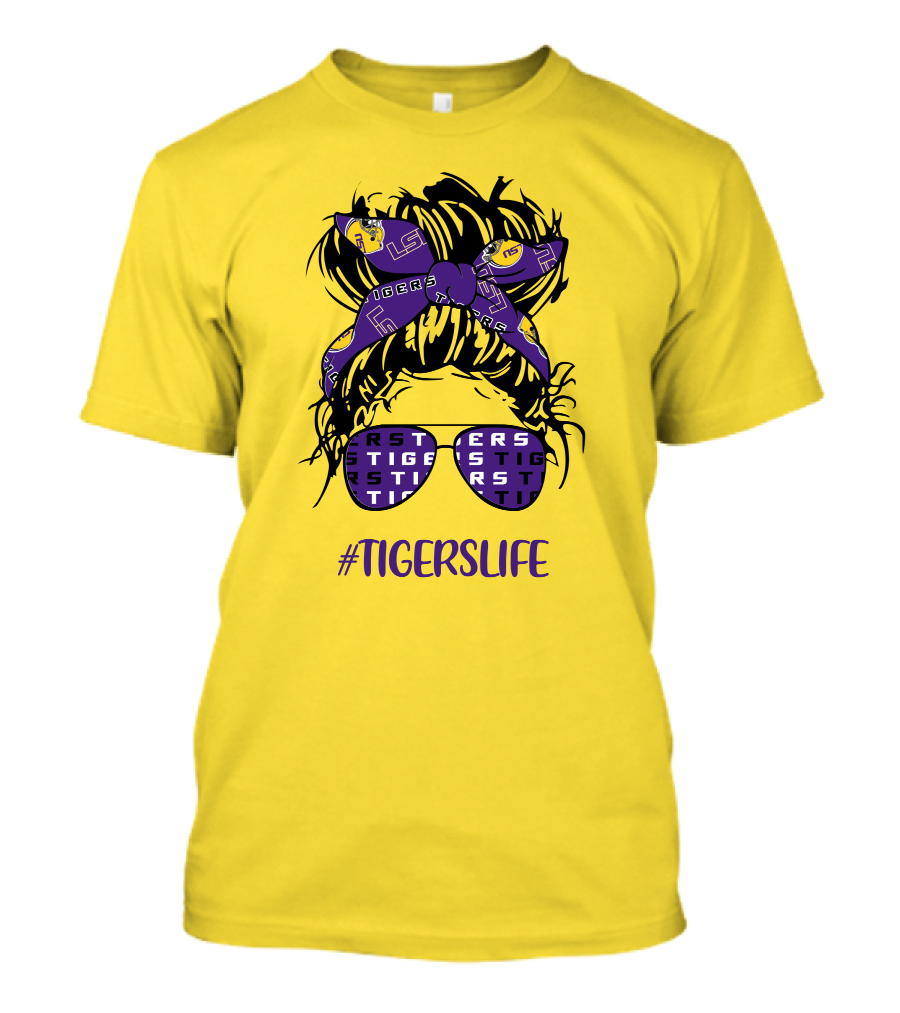 TIGERSLIFE LSU Messy Bun Girl Headband Glasses T-Shirt