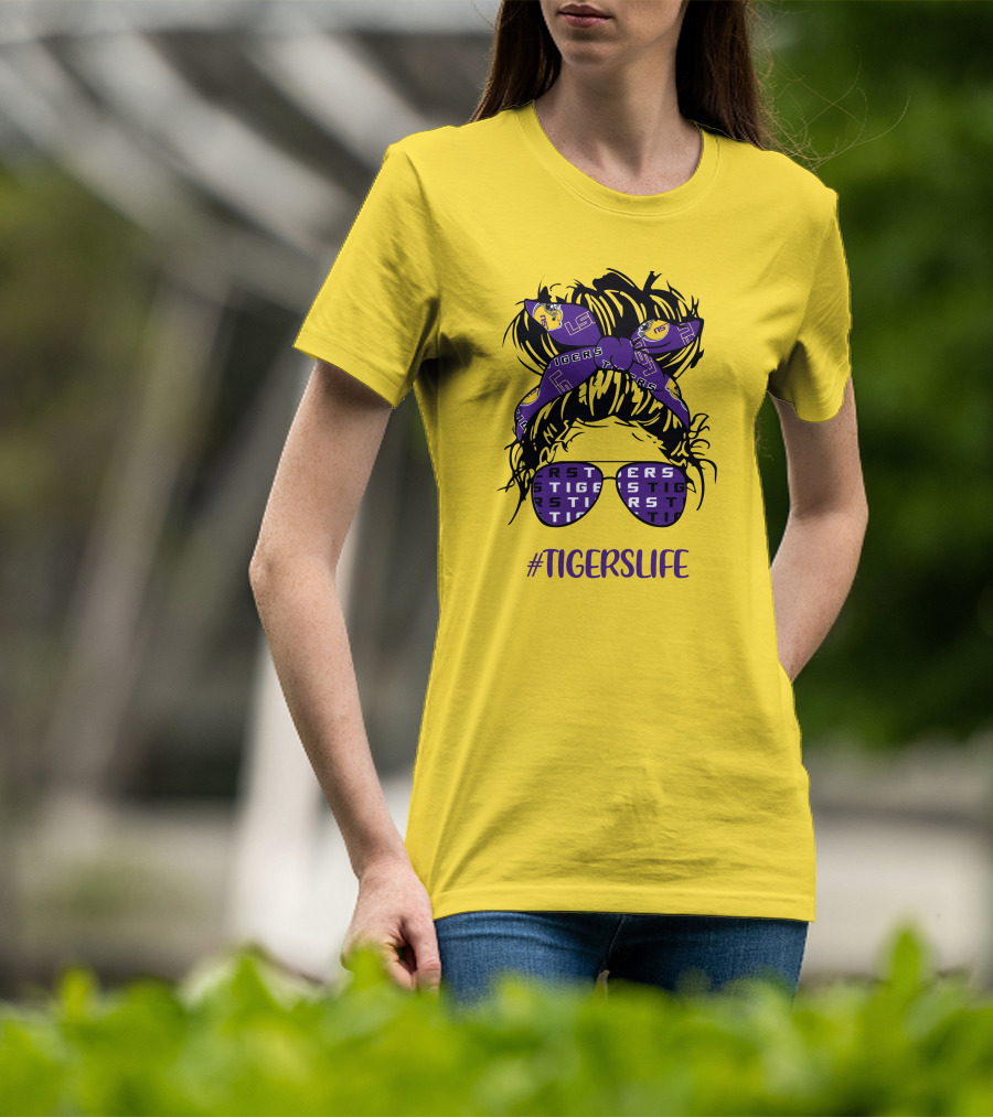 TIGERSLIFE LSU Messy Bun Girl Headband Glasses T-Shirt
