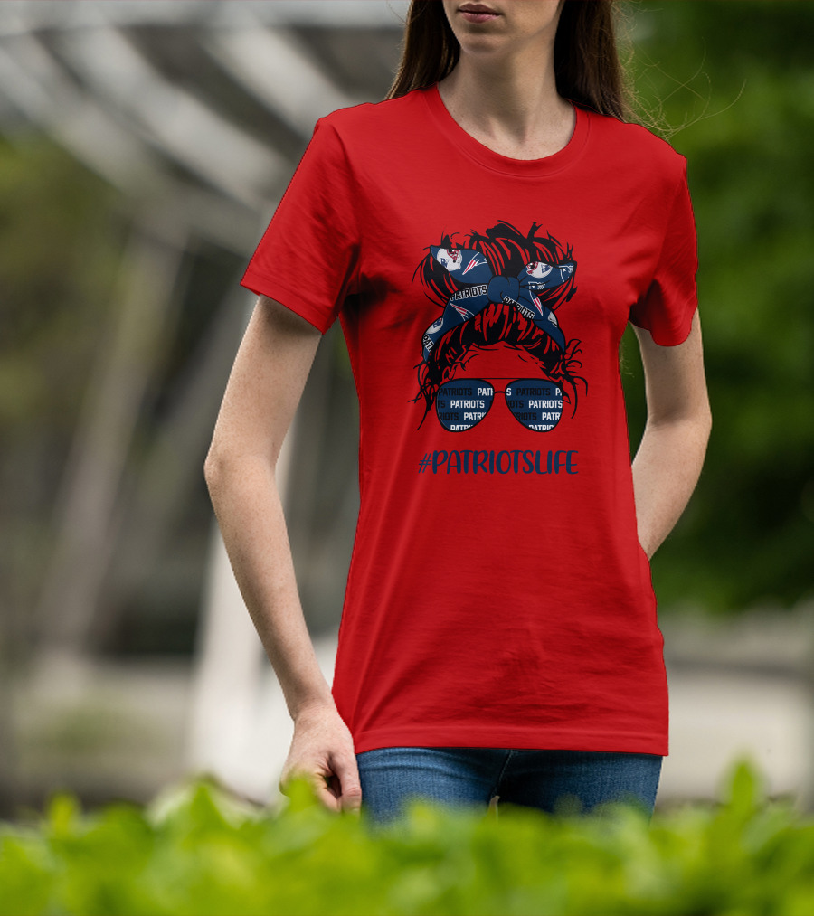 PATRIOTSLIFE New England Patriots Messy Bun Girl Headband Glasses T-Shirt