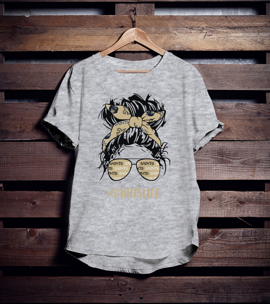 Messy Bun Girl With Saints Headband And Glasses #Saintslife T-Shirt