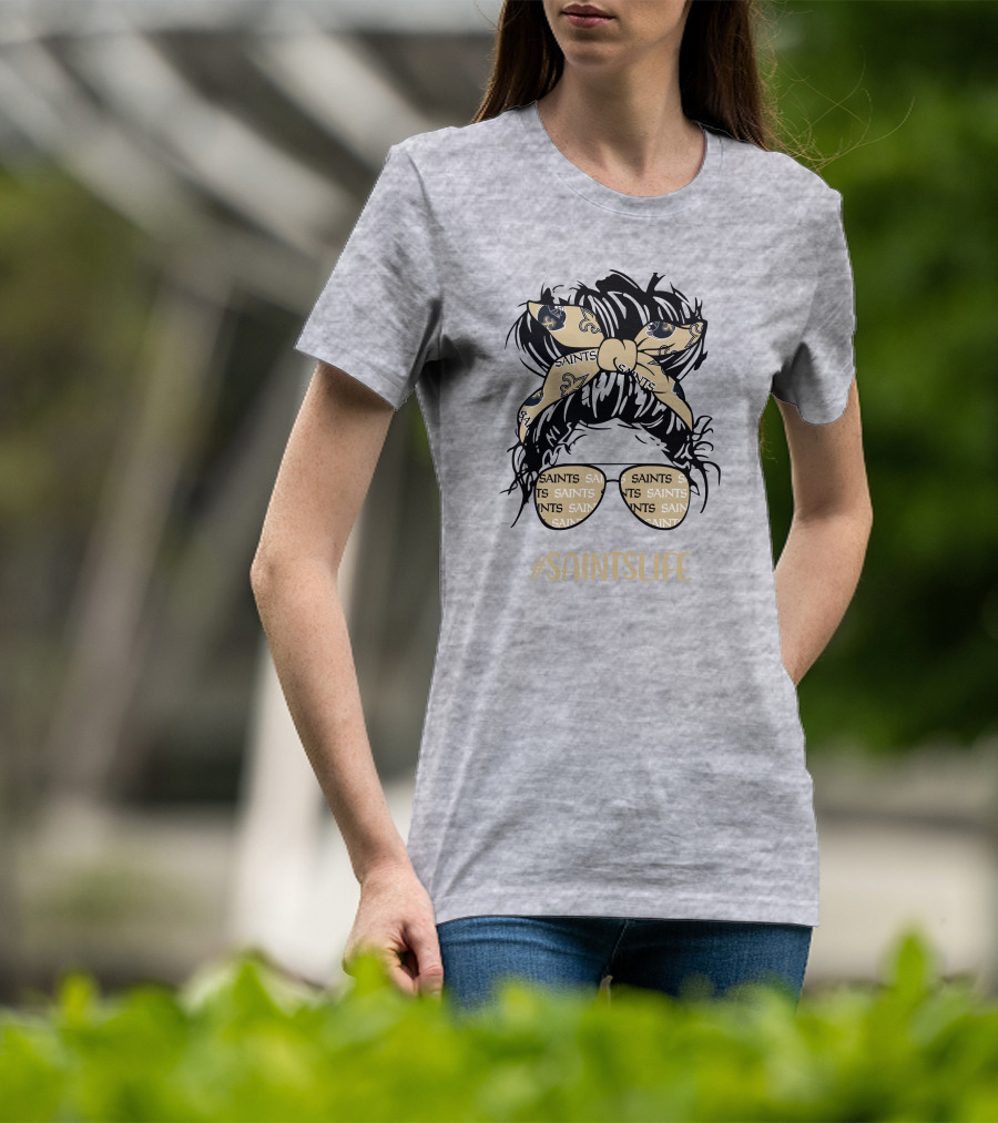 Messy Bun Girl With Saints Headband And Glasses #Saintslife T-Shirt