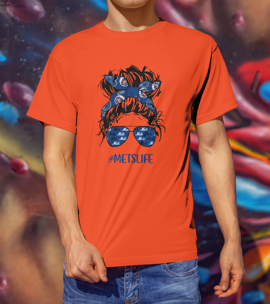 New York Mets Life Messy Bun Girl Headband Glasses #MetsLife T-Shirt
