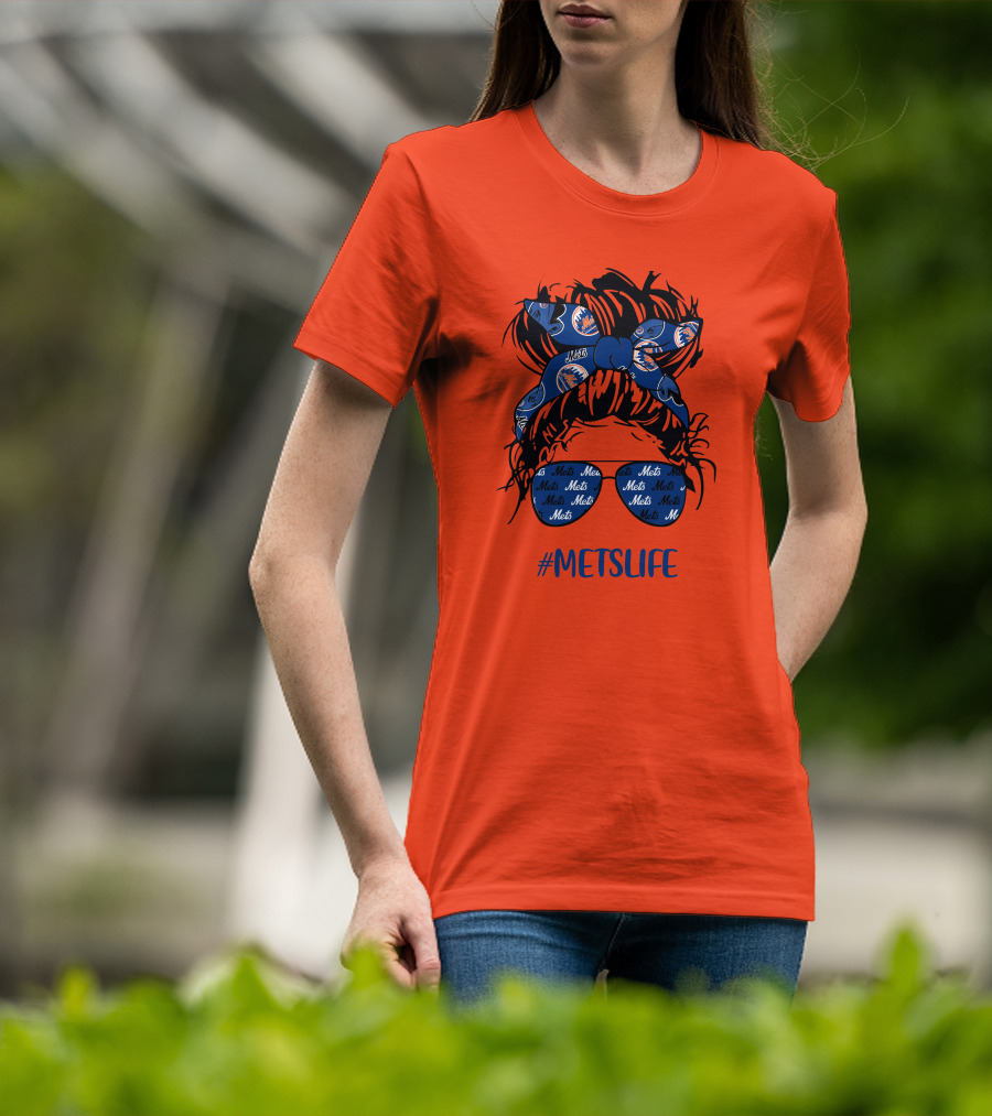 New York Mets Life Messy Bun Girl Headband Glasses #MetsLife T-Shirt