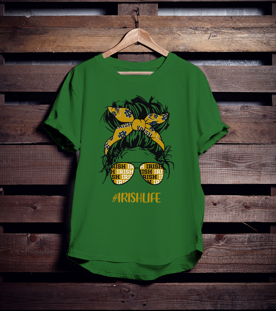 Notre Dame Fighting Irish Life Messy Bun Girl Headband Glasses #IrishLife T-Shirt